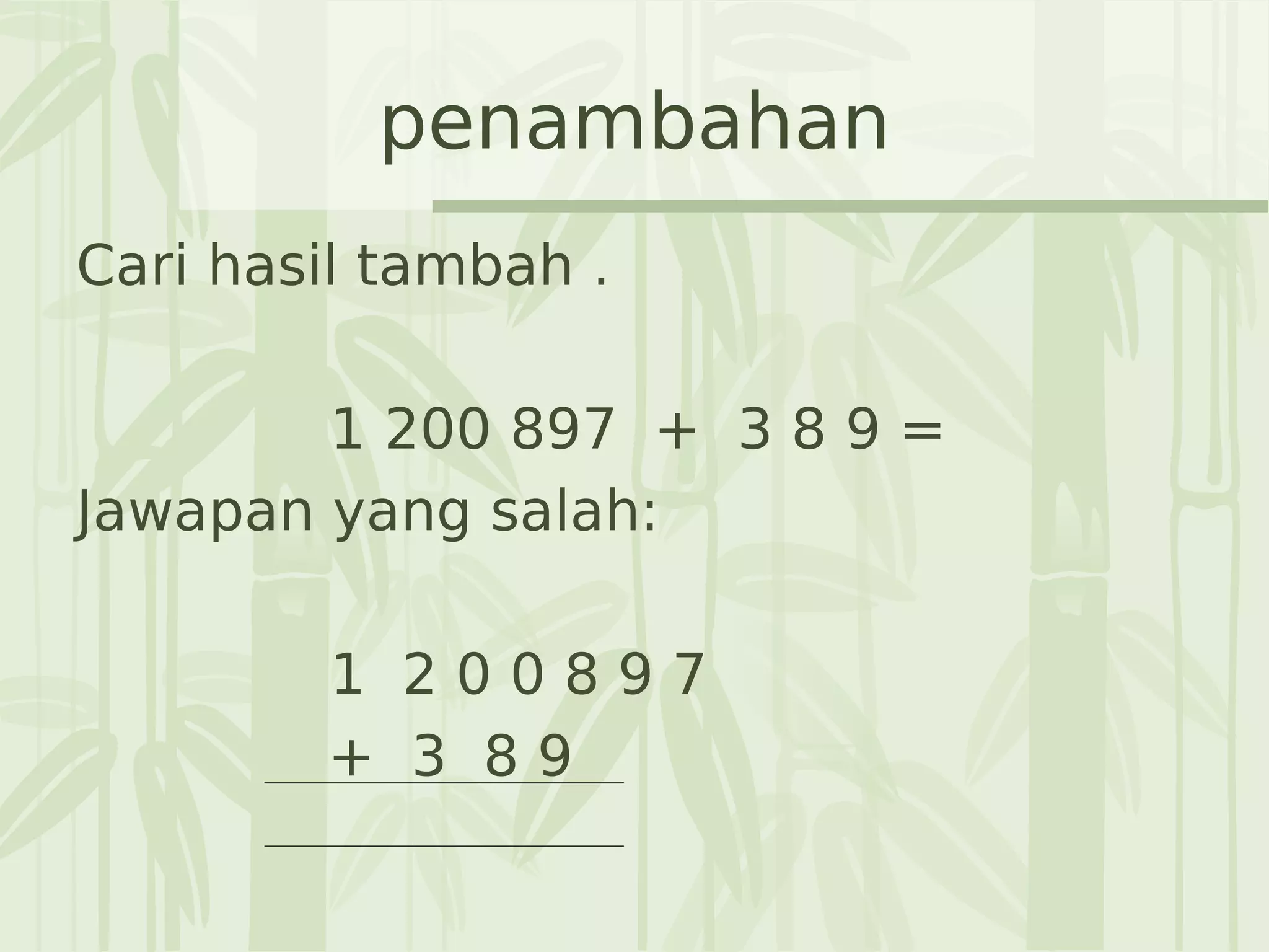 penambahan
Cari hasil tambah .
1 200 897 + 3 8 9 =
Jawapan yang salah:
1 2 0 0 8 9 7
+ 3 8 9
 