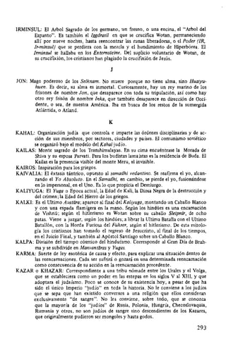 IRMINSUL: El Arbol Sagrado de los germano, un fresno, o una encina, el "Arbol del
Espanto". Es también el lggdrasil en que se crucifica Wotan, permaneciendo
allí por nueve noches, hasta reencontrar las runas liberadoras, o el Poder (IR,
Ir-minsul) que se perdiera con la mezcla y el hundimiento de Hiperbórea. El
/rminsul se hallaba en los Externsteine. Del suplicio voluntario de Wotan, de
su crucifixión, los cristianos han plagiado la crucifixión de Jesús.
J
JON: Mago poderoso de los Selknam. No muere porque no tiene alma, sino Huaiyu-
huen. Es decir, su alma es inmortal. Curiosamente, hay un rey marino de los
frisones de nombre Jon, que desaparece con toda su tripulación, así como hay
otro rey frisón de nombre Inka, que también desaparece en dirección de Occi-
dente, o sea, de nuestra América. Iba en busca de los restos de la sumergida
Atlántida, o Atland.
K
KAHAL: Organización judía que controla e imparte las órdenes disciplinarias y de ac-
ción de sus miembros, por sectores, ciudades y países. El comunismo soviético
se organizó bajo el modelo del Kahal judío.
KAILAS: Monte sagrado de los Transhimalayas. En su cima encuéntrase la Morada de
Shiva y su esposa Parvati. Para los budistas lamaístas es la residencia de Buda. El
Kailas es la presencia visible del monte Meru, el invisible.
KAIROS: Inspiración para los griegos.
KAIVALIA: El éxtasis tántrico, opuesto al samadhi vedantino. Se reafirma el yo, alcan-
zando el Yo Absoluto. En el Samadhi, en cambio, se pierde el yo, fusionándose
en lo impersonal, en el Uno. Es lo que propicia el Demiurgo.
KALIYUGA: El Yuga o Epoca actual, la Edad de Kali, la Diosa Negra de la destrucción y
del crimen; la Edad del Hierro de los griegos.
KALKI: Es el Ultimo Avatiíra; aparece al fmal del Kaliyuga, montando un Caballo Blanco
y con una espada flamígera en la mano. Según los hindúes es una encamación
de Vishnú; según el hitlerismo es Wotan sobre su caballo Sleipnir, de ocho
patas. Viene a juzgar, según los hindúes; a librar la Ultima Batalla con el Ultimo
Batallón, con la Horda Furiosa del Führer, según el hitlerismo. De esta mitolo-
gía los cristianos han tomado el regreso de Jesucristo, al final de los tiempos,
en el Juicio Final, y también al Apóstol Santiago sobre un Caballo Blanco.
KALPA: División del tiempo cósmico del hinduísmo. Corresponde al Gran Día de Brah-
ma y se subdivide en Manvantaras y Yugas.
KARMA: Suerte de ley esotérica de causa y efecto, para explicar una situación dentro de
las reencarnaciones. Cada ser sufrirá o gozará en una determinada reencarnación
como consecuencia de su acción en la reencarnación precedente.
KAZAR o KHAZAR: Correspondiente a una tribu nómade entre los Urales y el Volga,
que se estableciera como un poder en las estepas en los siglos V al XIII, y que
adoptara el judaísmo. Poco se conoce de su existencia hoy, a pesar de que ha
sido el único Imperio "judío" en toda la historia. No le conviene a los judíos
que se sepa que han existido conversos a una religión que ellos consideran
exclusivamente "de sangre". No les conviene, sobre todo, que se conozca
que la mayoría de los "judíos" de Rusia, Polonia, Hungría, Checoslovaquia,
Rumania y otros, no son judíos de sangre sino descendientes de los Kazares,
que originalmente pudieron ser mongoles y hasta godos.
293
 