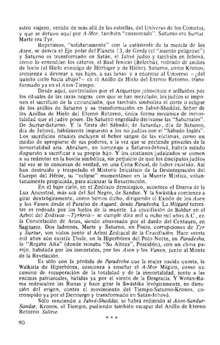 astro viajero, venido de más allá de las estrellas, del Universo de los Cometas,
y que se detuvo aquí por A-Mor, también "enamorado". Saturno era Surtur.
Marte era Tyr.
Repetimos, "solidariamente" con la catástrofe de la mezcla de los
Asen, se desvía el Eje polar del Planeta 13, de Gerda (el "asiento peligroso")
y Saturno es transformado en Satán, el Jahvé judío y también en Jehová,
como lo entendían los cátaros, el Baal fenicio (Belcebú), rodeado de anillos
de hielo (el Hielo enemigo de Horbiger y de Hitler). Saturno, como Kronos,
comienza a devorar a sus hijos, a sus lunas y a encerrar al Universo -¿del
quinto cielo hacia abajo?- en el Anillo de Hielo del Eterno Retorno, trans-
formado ya en el A ion-Tiempo.
Desde aquí, controlados por el Arquetipo jehovítico e influidos por
los rituales de las razas negras con que se han mezclado, los judíos se impo-
nen el sacrificio de la circuncisión, que también simboliza el corte o eclipse
de los anillos de Saturno y su transformación en Jahvé-Shaddai, Señor de
los Anillos de Hielo del Eterno Retorno, única forma mecánica de inmor-
talidad que el judío posee. De Saturno engrillado derívanse las "Saturnales".
De Surtur-Saturno. Y la fiesta del Sábado; de Saturday, día de Saturno,
día de Jehová, hábilmente impuesto a los no judíos con el "Sábado Inglés".
Los sacrificios rituales incluyen el beber sangre de las víctimas, como un
medio de apropiarse de sus poderes, a la vez que se pretende privarles de la
inmortalidad aria. Abraham, en homenaje a Saturno-Jehová, habría estado
dispuesto a sacrificar a su propio hijo. Y los cristianos judaizados se comen
a su redentor en la hostia simbólica, sin peijuicio de que los discípulos judíos
tal vez se lo comieran de verdad, en una Cena Ritual, de haber existido. Así
han destruido y traspalado el Misterio Iniciático de la Desintegración del
Cuerpo del Héroe, su "eclipse" momentáneo en la Muerte Mística, volun-
tariamente propiciada, para alcanzar la Resurrección.
En el bajo cielo, en el Zodíaco demiúrgico, acontece el Drama de la
Luz Ancestral, más acá del Sol Negro, de Sandur. Y la Swástika comienza a
girar dextrógiramente, como hemos dicho, dirigiendo el Exodo de los Asen
y los Vanen desde el Paraíso de Asgard, desde Paradesha. La Mitgard terres-
tre es rodeada por los hielos de la muerte. La crucifixión de Baldur en el
Arbol del Zodíaco - Tyrkreis- se cumple diez mil u ocho mil años A.C., en
la Constelación de Aries, siendo atravesado por el dardo del Centauro, en
Sagitario. Dos ladrones, Marte y Saturno, en Piscis, corrupciones de Tyr
y Surtur, son vistos junto al Arbol Zodiacal de la Crucifixión. Hace veinte
mil años aún existía Thule, en la Hiperbórea del Polo Norte, en Paradesha,
la "Región Alta" (donde reinaba "Su Alteza", Poseidón), con un clima pa-
rejo, habitada por los inmortales, por los Asen y los Vanen, junto al Monte
de la Revelación.
Es sólo con la pérdida de Paradesha que la mujer nacida quinta, la
Walkiria de Hiperbórea, comienza a enseñar el A-Mor Mágico, como un
camino de recuperación de la totalidad y de la inmortalidad, junto a las
encinas patriarcales, batidas ya por el viento de la Desgracia. Y Wotan-Ra-
ma redescubre las Runas y hace girar la Swástika levógiramente, en direc-
ción del origen, contra el movimiento del Tiempo-Saturno-Kronos, co-
rrompido ya por el Demiurgo y transformado en Satán-Jehová.
Sólo venciendo a Jahvé-Shaddai, se habrá redimido al Aion-Sandur-
Siindar, Kronos, el Tiempo, pudiendo también escapar del Anillo de Eterno
Retorno. Salirse.
* * *
90
 