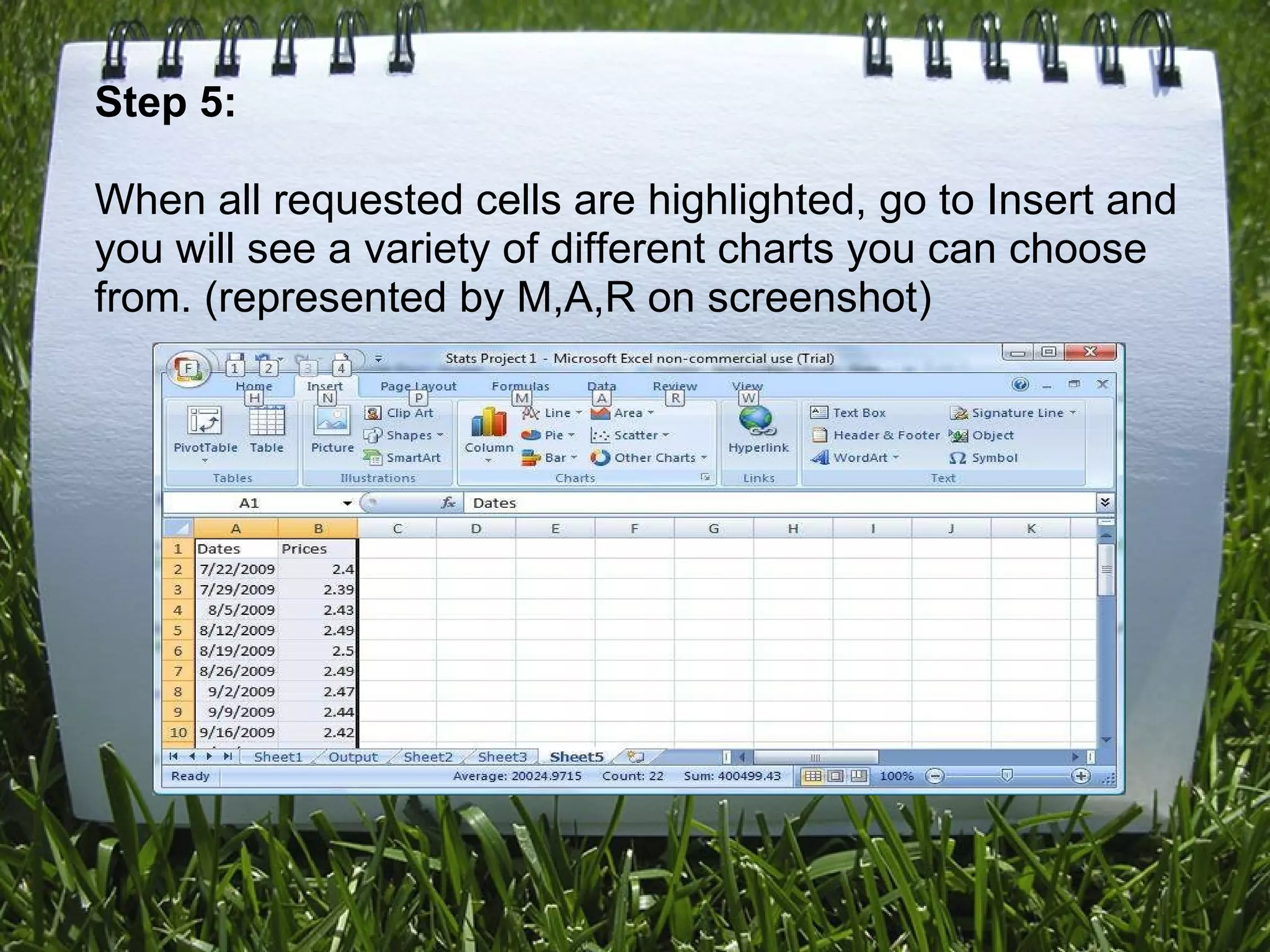 Step 5: When all requested cells are highlighted, go to Insert and you will see a variety of different charts you can choose from. (represented by M,A,R on screenshot) 