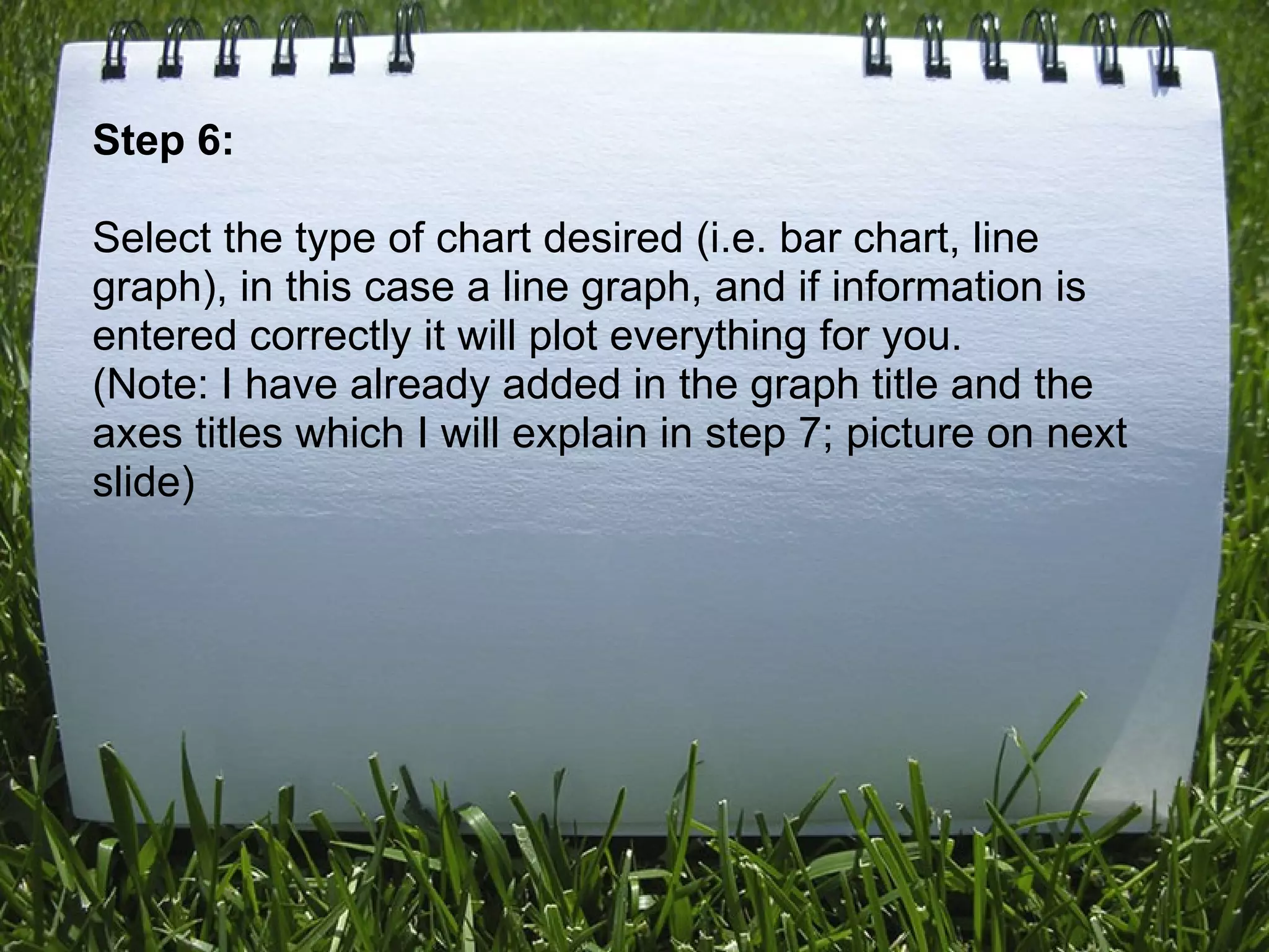 Step 6:  Select the type of chart desired (i.e. bar chart, line graph), in this case a line graph, and if information is entered correctly it will plot everything for you.  (Note: I have already added in the graph title and the axes titles which I will explain in step 7; picture on next slide) 