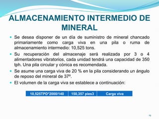 ALMACENAMIENTO INTERMEDIO DE
MINERAL
 Se desea disponer de un día de suministro de mineral chancado
primariamente como carga viva en una pila o ruma de
almacenamiento intermedio: 10,525 tons.
 Su recuperación del almacenaje será realizada por 3 o 4
alimentadores vibratorios, cada unidad tendrá una capacidad de 350
tph. Una pila circular y cónica es recomendada.
 Se asume una carga viva de 20 % en la pila considerando un ángulo
de reposo del mineral de 37º.
 El volumen de la carga viva se establece a continuación:
10,525TPD*2000/140 150,357 pies3 Carga viva
19
 