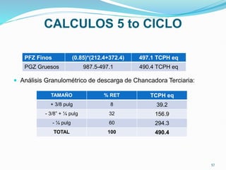 CALCULOS 5 to CICLO
 Análisis Granulométrico de descarga de Chancadora Terciaria:
PFZ Finos (0.85)*(212.4+372.4) 497.1 TCPH eq
PGZ Gruesos 987.5-497.1 490.4 TCPH eq
TAMAÑO % RET TCPH eq
+ 3/8 pulg 8 39.2
- 3/8” + ¼ pulg 32 156.9
- ¼ pulg 60 294.3
TOTAL 100 490.4
57
 