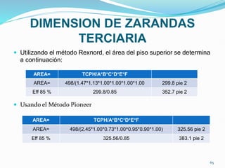 DIMENSION DE ZARANDAS
TERCIARIA
 Utilizando el método Rexnord, el área del piso superior se determina
a continuación:
 Usando el Método Pioneer
AREA= TCPH/A*B*C*D*E*F
AREA= 498/(1.47*1.13*1.00*1.00*1.00*1.00 299.8 pie 2
Eff 85 % 299.8/0.85 352.7 pie 2
AREA= TCPH/A*B*C*D*E*F
AREA= 498/(2.45*1.00*0.73*1.00^0.95*0.90*1.00) 325.56 pie 2
Eff 85 % 325.56/0.85 383.1 pie 2
65
 