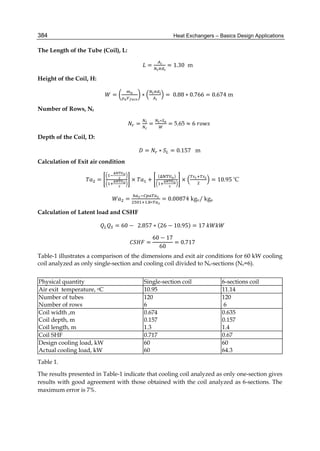 Heat Exchangers – Basics Design Applications384
The Length of the Tube (Coil), L:
								 = = 1.30 m
Height of the Coil, H:
										 = ∗ = 	0.88 ∗ 0.766 = 0.674 m
Number of Rows, Nr
										 = =
∗
= 5.65 ≈ 6	
Depth of the Coil, D:
											 = ∗ = 0.157	 m
Calculation of Exit air condition
= × +
( )
× = 10.95	°C
=
. ∗
= 0.00874 kgv/ kga
Calculation of Latent load and CSHF
= 60 − 		2.857 ∗ (26 − 10.95) = 17	
=
60 − 17
60
= 0.717
Table-1 illustrates a comparison of the dimensions and exit air conditions for 60 kW cooling
coil analyzed as only single-section and cooling coil divided to Nr-sections (Nr=6).
Physical quantity Single-section coil 6-sections coil
Air exit temperature, oC 10.95 11.14
Number of tubes
Number of rows
120
6
120
6
Coil width ,m
Coil depth, m
Coil length, m
0.674
0.157
1.3
0.635
0.157
1.4
Coil SHF 0.717 0.67
Design cooling load, kW
Actual cooling load, kW
60
60
60
64.3
Table 1.
The results presented in Table-1 indicate that cooling coil analyzed as only one-section gives
results with good agreement with those obtained with the coil analyzed as 6-sections. The
maximum error is 7%.
 