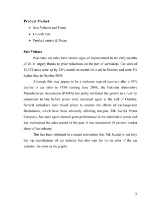 Product Market
 Sale Volume and Trend
 Growth Rate
 Product variety & Prices
Sale Volume
Pakistan's car sales have shown signs of improvement in the early months
of 2010, largely thanks to price reductions on the part of carmakers. Car sales of
10,372 units were up by 28% month-on-month (m-o-m) in October and were 8%
higher than in October 2008.
Although this may appear to be a welcome sign of recovery after a 50%
decline in car sales in FY09 (ending June 2009), the Pakistan Automotive
Manufacturers Association (PAMA) has partly attributed the growth to a rush by
consumers to buy before prices were increased again at the end of October.
Several carmakers have raised prices to counter the effects of exchange-rate
fluctuations, which have been adversely affecting margins. Pak Suzuki Motor
Company, has once again showed great performance in the automobile sector and
has maintained the sales record of the past. It has maintained 48 percent market
share of the industry.
This has been informed in a recent convention that Pak Suzuki is not only
the top manufacturer of car industry but also tops the list in sales of the car
industry. As show in the graphs
11
 