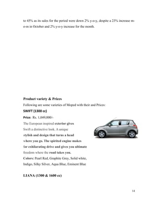 to 45% as its sales for the period were down 2% y-o-y, despite a 23% increase m-
o-m in October and 2% y-o-y increase for the month.
Product variety & Prices
Following are some varieties of Moped with their and Prices:
SWIFT (1300 cc)
Price: Rs. 1,049,000/-
The European inspired exterior gives
Swift a distinctive look. A unique
stylish and design that turns a head
where you go. The spirited engine makes
for exhilarating drive and gives you ultimate
freedom where the road takes you.
Colors: Pearl Red, Graphite Grey, Solid white,
Indigo, Silky Silver, Aqua Blue, Eminent Blue
LIANA (1300 & 1600 cc)
14
 