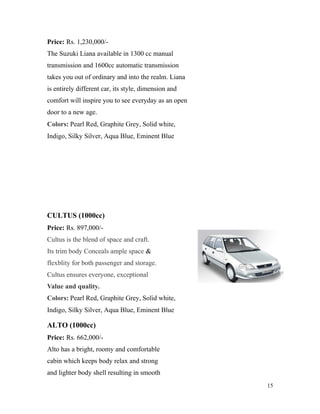 Price: Rs. 1,230,000/-
The Suzuki Liana available in 1300 cc manual
transmission and 1600cc automatic transmission
takes you out of ordinary and into the realm. Liana
is entirely different car, its style, dimension and
comfort will inspire you to see everyday as an open
door to a new age.
Colors: Pearl Red, Graphite Grey, Solid white,
Indigo, Silky Silver, Aqua Blue, Eminent Blue
CULTUS (1000cc)
Price: Rs. 897,000/-
Cultus is the blend of space and craft.
Its trim body Conceals ample space &
flexblity for both passenger and storage.
Cultus ensures everyone, exceptional
Value and quality.
Colors: Pearl Red, Graphite Grey, Solid white,
Indigo, Silky Silver, Aqua Blue, Eminent Blue
ALTO (1000cc)
Price: Rs. 662,000/-
Alto has a bright, roomy and comfortable
cabin which keeps body relax and strong
and lighter body shell resulting in smooth
15
 
