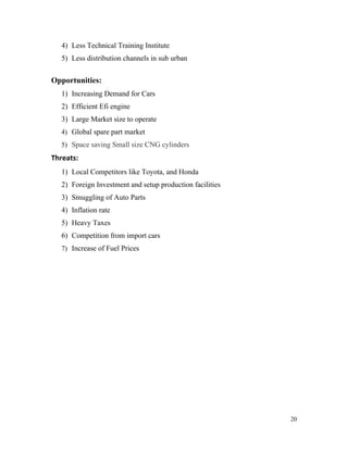 4) Less Technical Training Institute
5) Less distribution channels in sub urban
Opportunities:
1) Increasing Demand for Cars
2) Efficient Efi engine
3) Large Market size to operate
4) Global spare part market
5) Space saving Small size CNG cylinders
Threats:
1) Local Competitors like Toyota, and Honda
2) Foreign Investment and setup production facilities
3) Smuggling of Auto Parts
4) Inflation rate
5) Heavy Taxes
6) Competition from import cars
7) Increase of Fuel Prices
20
 