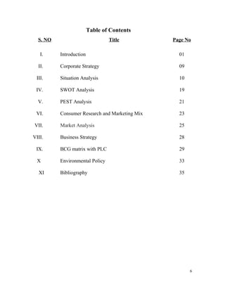 Table of Contents
S. NO Title Page No
I.
II.
III.
IV.
V.
VI.
VII.
VIII.
IX.
X
XI
Introduction
Corporate Strategy
Situation Analysis
SWOT Analysis
PEST Analysis
Consumer Research and Marketing Mix
Market Analysis
Business Strategy
BCG matrix with PLC
Environmental Policy
Bibliography
01
09
10
19
21
23
25
28
29
33
35
6
 