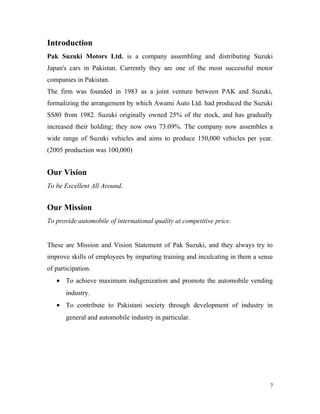 Introduction
Pak Suzuki Motors Ltd. is a company assembling and distributing Suzuki
Japan's cars in Pakistan. Currently they are one of the most successful motor
companies in Pakistan.
The firm was founded in 1983 as a joint venture between PAK and Suzuki,
formalizing the arrangement by which Awami Auto Ltd. had produced the Suzuki
SS80 from 1982. Suzuki originally owned 25% of the stock, and has gradually
increased their holding; they now own 73.09%. The company now assembles a
wide range of Suzuki vehicles and aims to produce 150,000 vehicles per year.
(2005 production was 100,000)
Our Vision
To be Excellent All Around.
Our Mission
To provide automobile of international quality at competitive price.
These are Mission and Vision Statement of Pak Suzuki, and they always try to
improve skills of employees by imparting training and inculcating in them a sense
of participation.
• To achieve maximum indigenization and promote the automobile vending
industry.
• To contribute to Pakistani society through development of industry in
general and automobile industry in particular.
7
 