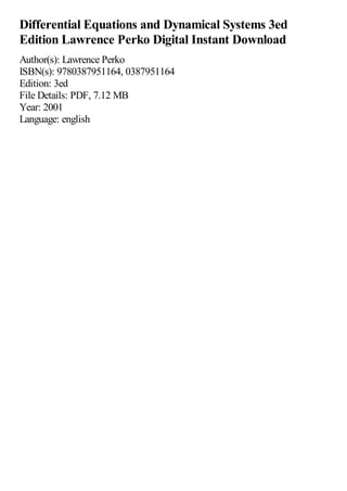 Differential Equations and Dynamical Systems 3ed Edition Lawrence Perko ...