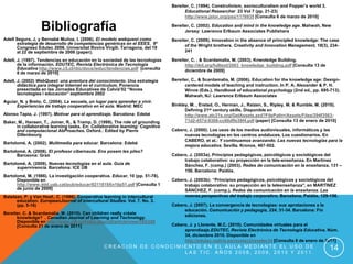 Bereiter, C. (1994). Construtivism, socioculturalism and Popper’s world 3.
                                                                                     Educational Researcher 23 Vol 7 (pp. 21-23)
                                                                                     http://www.jstor.org/pss/1176935 [Consulta 6 de marzo de 2010]

                  Bibliografía                                                 Bereiter, C. (2002). Education and mind in the knowledge age. Mahwah, New
                                                                                     Jersey: Lawrence Erlbaum Associates Publishers
Adell Segura, J. y Bernabé Muñoz, I. (2006). El modelo webquest como           Bereiter, C. (2009). Innovation in the absence of principled knowledge: The case
      estrategia de desarrollo de competencias genéricas en el EEES. 9º              of the Wright brothers. Creativity and Innovation Management, 18(3), 234-
      Congreso Edutec 2006. Universitat Rovira Virgili. Tarragona, del 19
      al 22 de septiembre de 2006 (paper).                                           241

Adell, J. (1997). Tendencias en educación en la sociedad de las tecnologías    Bereiter, C. , & Scardamalia, M. (2003). Knwoledge Building.
       de la información. EDUTEC, Revista Electrónica de Tecnología                  http://ikit.org/fulltext/2003_knowledge_building.pdf [Consulta 13 de
       Educativa http://www.c5.cl/ntic/docs/ieduc/tendencias.pdf [consulta           diciembre de 2009]
       8 de marzo de 2010]
Adell, J. (2002) WebQuest: una aventura del conocimiento. Una estrategia       Bereiter, C., & Scardamalia, M. (2006). Education for the knowledge age: Design-
       didáctica para integrar Internet en el currículum. Ponencia                   centered models of teaching and instruction. In P. A. Alexander & P. H.
       presentada en las Jornades Educatives de Calvià’02 “Noves                     Winne (Eds.), Handbook of educational psychology (2nd ed., pp. 695-713).
       tecnologies i educación” septiembre 2002                                      Mahwah, NJ: Lawrence Erlbaum Associates
Aguiar, N. y Breto, C. (2004). La escuela, un lugar para aprender a vivir.
      Experiencias de trabajo cooperativo en el aula. Madrid: MEC              Binkley, M. , Erstad, O., Herman, J., Raizen, S., Ripley, M. & Rumble, M. (2010).
                                                                                     Defining 21st century skills. Disponible en
Alonso Tapia, J. (1997). Motivar para el aprendizaje. Barcelona: Edebé               http://www.atc21s.org/GetAssets.axd?FilePath=/Assets/Files/294f3563-
Baker, M., Hansen, T., Joiner, R., & Tramp, D. (1999). The role of grounding         71d2-457d-9308-cc60dffe39f4.pdf (paper) [Consulta 13 de enero de 2010]
      in collaborative learning tasks. En: Collaborative learning: Cognitive
      and computacional AbProaches. Oxford.: Edited by Pierre                  Cabero, J. (2000): Los usos de los medios audiovisuales, informáticos y las
      Dillenbourg                                                                   nuevas tecnologías en los centros andaluces. Los cuestionarios. En
                                                                                    CABERO, et al.: Y continuamos avanzando. Las nuevas tecnologías para la
Bartolomé, A. (2002). Multimedia para educar. Barcelona: Edebé
                                                                                    mejora educativa. Sevilla. Kronos, 467-502.
Bartolomé, A. (2008). El profesor cibernauta. Ens posem les piles?
      Barceona: Graó                                                           Cabero, J. (2003a). Principios pedagógicos, psicológicos y sociológicos del
                                                                                    trabajo colaborativo: su proyección en la tele-enseñanza. En Martínez
Bartolomé, A. (2009). Nuevas tecnologías en el aula. Guía de                        Sánchez, F. (comp.) (2003). Redes de comunicación en la enseñanza, 131 –
      supervivencia. Barcelona: ICE UB
                                                                                    156. Barcelona: Paidós.
Bartolomé, M. (1986). La investigación cooperativa. Educar, 10 (pp. 51-78).
      Disponible en                                                            Cabero, J. (2003b): “Principios pedagógicos, psicológicos y sociológicos del
      http://www.ddd.uab.cat/pub/educar/0211819Xn10p51.pdf [Consulta 1              trabajo colaborativo: su proyección en la teleenseñanza", en MARTÍNEZ
      de junio de 2009]                                                             SÁNCHEZ, F. (comp.), Redes de comunicación en la enseñanza. Las
Batelaan, P. y Van Hoof., C. (1996). Cooperative learning in intercultural          nuevas perspectivas del trabajo corporativo. Barcelona, Paidós, 129-156.
      education. EuropeanJournal of Intercultural Studies. Vol. 7. No. 3.
      (pp. 5-16)                                                               Cabero, J. (2007). La convergencia de tecnologías: sus aprotaciones a la
                                                                                    educación. Comunicación y pedagogía, 224, 31-34. Barcelona: Fin
Bereiter, C. & Scardamalia, M. (2010). Can children really créate                   ediciones.
      knowledge? . Canadian Journal of Learning and Technology.
      Disponible en http://www.cjlt.ca/index.php/cjlt/article/view/585/289
      [Consulta 21 de enero de 2011]                                           Cabero, J. y Llorente, M.C. (2010). Comunidades virtuales para el
                                                                                    aprendizaje.EDUTEC, Revista Electrónica de Tecnología Educativa. Núm.
                                                                                    34, diciembre 2010. Disponible en
                                                                                    http://edutec.rediris.es/revelec2/revelec34 [Consulta 8 de enero de 2011]
                                                  CREACIÓN DE CONOCIMIENTO EN EL AULA MEDIANTE EL USO DE
                                                                      LAS TIC. AÑOS 2008, 2009, 2010 Y 2011.
                                                                                                                                                            14
 