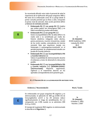 Prevención, Diagnóstico y Manejo de la Aloinmunización Materno-Fetal
17
Se recomienda difundir entre todo el personal de salud la
importancia de la tipificación del grupo sanguíneo ABO y
Rh tanto de la embarazada como de su pareja desde la
primer consulta prenatal que se lleve a cabo, incluyendo
el primer nivel de atención. Esta acción permitirá definir
el RIESGO DE SENSIBILIZACION:
• Embarazada Rh (Embarazada Rh (Embarazada Rh (Embarazada Rh (----) con pareja Rh () con pareja Rh () con pareja Rh () con pareja Rh (----):):):): Implica
que ambos padres son homocigotos (dd) y no
habrá necesidad de pruebas adicionales.
• EmbarazadaEmbarazadaEmbarazadaEmbarazada Rh (Rh (Rh (Rh (----) con pareja Rh (+)) con pareja Rh (+)) con pareja Rh (+)) con pareja Rh (+):
Existe incompatibilidad al Rh. Se debe definir si la
madre está o no sensibilizada por medio de:
historia obstétrica indagando sobre abortos,
partos prematuros, muertes intrauterinas, estado
de los recién nacidos, antecedentes de ictericia
neonatal, hijos que requirieron manejo con
fototerapia o exansanguíneo-transfusión en el
periodo postnatal. Se complementará estudio con
prueba de Coombs Indirecta.
• EmbarazadaEmbarazadaEmbarazadaEmbarazada Rh (Rh (Rh (Rh (----) con incompatibilidad al Rh) con incompatibilidad al Rh) con incompatibilidad al Rh) con incompatibilidad al Rh
y Coombs Indirecto (y Coombs Indirecto (y Coombs Indirecto (y Coombs Indirecto (----):):):):
Valorar la posibilidad de aloinmunización durante
el embarazo y tratar de detectarlo lo más pronto
posible.
• EmbarazadaEmbarazadaEmbarazadaEmbarazada Rh (Rh (Rh (Rh (----)))) con incompatibilidad alcon incompatibilidad alcon incompatibilidad alcon incompatibilidad al RhRhRhRh
y Coombs Indirecto (+) (SENSIBILIZADA):y Coombs Indirecto (+) (SENSIBILIZADA):y Coombs Indirecto (+) (SENSIBILIZADA):y Coombs Indirecto (+) (SENSIBILIZADA):
(aloinmunizada)(aloinmunizada)(aloinmunizada)(aloinmunizada) Requerirá seguimiento,
vigilancia y el tratamiento descrito en los
apartados correspondientes de la presente guía....
CCCC
(E: Shekelle)(E: Shekelle)(E: Shekelle)(E: Shekelle)
ACOG Guidelines, 1999
Lubusky M, 2010
IIIIIIIIIIII----CCCC
SOJC, 2003SOJC, 2003SOJC, 2003SOJC, 2003
4.1.34.1.34.1.34.1.3 Prevención de la aloinmunización maternoPrevención de la aloinmunización maternoPrevención de la aloinmunización maternoPrevención de la aloinmunización materno----fetalfetalfetalfetal
Evidencia / RecomendaciónEvidencia / RecomendaciónEvidencia / RecomendaciónEvidencia / Recomendación Nivel / GradoNivel / GradoNivel / GradoNivel / Grado
En embarazadas con grupo sanguíneo Rh negativo y no
aloinmunizadas, la aplicación de 300 µg (1500 UI) de
Inmunoglobulina anti-D a las 28 semanas reduce
significativamente el riesgo de sensibilización; 0.2 en
comparación con 1.9% cuando no se administra (RR
0.13; p< 0.05).
El manejo de la gestante RhD negativo no aloinmunizada
se describe en el Algoritmo 1Algoritmo 1Algoritmo 1Algoritmo 1.
IIIIaaaa
(E:(E:(E:(E: Shekelle)Shekelle)Shekelle)Shekelle)
Crowther C, 2001
Hutchet J, 1987
EEEE
RRRR
 