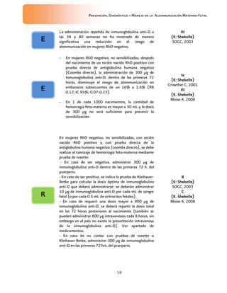 Prevención, Diagnóstico y Manejo de la Aloinmunización Materno-Fetal
18
La administración repetida de inmunoglobulina anti-D a
las 34 y 40 semanas no ha mostrado de manera
significativa una reducción en el riesgo de
aloinmunización en mujeres RhD negativo.
IIIIIIIIIIII
(E: Shekelle)(E: Shekelle)(E: Shekelle)(E: Shekelle)
SOGC, 2003
- En mujeres RhD negativo, no sensibilizadas, después
del nacimiento de un recién nacido RhD positivo con
prueba directa de antiglobulina humana negativa
(Coombs directo), la administración de 300 µg de
Inmunoglobulina anti-D, dentro de las primeras 72
horas, disminuye el riesgo de aloinmunización en
embarazos subsecuentes de un 16% a 1.6% (RR
0.12; IC 95%; 0.07-0.23).
- En 1 de cada 1000 nacimientos, la cantidad de
hemorragia feto-materna es mayor a 30 mL y la dosis
de 300 µg no será suficiente para prevenir la
sensibilización.
IaIaIaIa
(E: Shekelle)(E: Shekelle)(E: Shekelle)(E: Shekelle)
Crowther C, 2001
IIIIIIIIIIII
(E. Shekelle)(E. Shekelle)(E. Shekelle)(E. Shekelle)
Moise K, 2008
En mujeres RhD negativo, no sensibilizadas, con recién
nacido RhD positivo y con prueba directa de la
antiglobulina humana negativa (coombs directo), se debe
realizar el tamizaje de hemorragia feto-materna mediante
prueba de rosette:
- En caso de ser negativa, administrar 300 µg de
inmunoglobulina anti-D dentro de las primeras 72 h. del
puerperio.
- En caso de ser positiva, se indica la prueba de Kleihauer-
Betke para calcular la dosis óptima de inmunoglobulina
anti-D que deberá administrarse: se deberán administrar
10 µg de inmunoglobulina anti-D por cada mL de sangre
fetal (o por cada 0.5 mL de eritrocitos fetales).
- En caso de requerir una dosis mayor a 900 µg de
inmunoglobulina anti-D, se deberá repartir la dosis total
en las 72 horas posteriores al nacimiento (también se
pueden administrar 600 µg intravenosos cada 8 horas, sin
embargo en el país no existe la presentación intravenosa
de la inmunoglobulina anti-D). Ver apartado de
medicamentos.
- En caso de no contar con pruebas de rosette o
Kleihauer-Betke, administrar 300 µg de inmunoglobulina
anti-D en las primeras 72 hrs. del puerperio.
BBBB
(E: Shekelle)(E: Shekelle)(E: Shekelle)(E: Shekelle)
SOGC, 2003
CCCC
(E. Shekelle)(E. Shekelle)(E. Shekelle)(E. Shekelle)
Moise K, 2008
EEEE
EEEE
RRRR
 