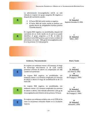 Prevención, Diagnóstico y Manejo de la Aloinmunización Materno-Fetal
19
La administración Inmunoglobulina anti-D, no está
indicada en mujeres con grupo sanguíneo Rh negativo y
después del nacimiento cuando:
• El Factor RhD del recién nacido es negativo.
• El factor RhD del recién nacido es positivo con
prueba directa de antiglobulina humana positiva
(Coombs directo).
CCCC
(E. Shekelle)(E. Shekelle)(E. Shekelle)(E. Shekelle)
Baptista-González H, 2001
En mujeres RhD negativo, no sensibilizadas, después del
nacimiento de un recién nacido en el cual no se puede
identificar el grupo sanguíneo y el Rh, se debe de
considerar como RHD positivo y por lo tanto se deben de
administrar a la madre 300 µg de Inmunoglobulina anti-
D en las primeras 72 h del puerperio.
CCCC
(E. Shekelle)(E. Shekelle)(E. Shekelle)(E. Shekelle)
SOGC, 2003
4.4.4.4.1111....4444 Casos especialesCasos especialesCasos especialesCasos especiales
Evidencia / RecomendaciónEvidencia / RecomendaciónEvidencia / RecomendaciónEvidencia / Recomendación Nivel / GradoNivel / GradoNivel / GradoNivel / Grado
En mujeres con embarazo menor a 20 semanas, el riesgo
de hemorragia feto-materna es de 11% cuando
presentan amenaza de aborto en comparación con 4%
cuando no la presentan.
En mujeres RhD negativo, no sensibilizadas, con
embarazo menor a 12 semanas complicado con amenaza
de aborto o aborto el riesgo de sensibilización es de 1.5
hasta 5%.
IIIIIIII----2222
(E. Shekelle)(E. Shekelle)(E. Shekelle)(E. Shekelle)
Von Stein A, 1992
IIIIIIIIIIII
(E. Shekelle)(E. Shekelle)(E. Shekelle)(E. Shekelle)
De Crespigny L, 1995
En mujeres RhD negativo, no sensibilizadas, con
embarazo menor a 12 semanas complicado con amenaza
de aborto o aborto, está indicado administrar 150 µg de
Inmunoglobulina anti-D dentro de las primeras 72 horas.
BBBB
(E. Shekelle)(E. Shekelle)(E. Shekelle)(E. Shekelle)
Von Stein A, 1992
De Crespigny L, 1995
En mujeres con embarazo ectópico roto, en el 25% de los
casos se encuentran eritrocitos fetales en la circulación
materna.
IIIIIIIIIIII
(E: Shekelle)(E: Shekelle)(E: Shekelle)(E: Shekelle)
Hartwell E, 1998
EEEE
RRRR
RRRR
EEEE
RRRR
 