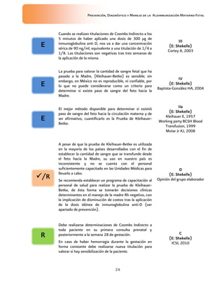 Prevención, Diagnóstico y Manejo de la Aloinmunización Materno-Fetal
24
Cuando se realizan titulaciones de Coombs Indirecto a los
5 minutos de haber aplicado una dosis de 300 µg de
inmunoglobulina anti D, nos va a dar una concentración
sérica de 90 ng/ml, equivalente a una titulación de 1/4 a
1/8. Las titulaciones son negativas tras tres semanas de
la aplicación de la misma.
IIIIIIIIIIII
(E:(E:(E:(E: Shekelle)Shekelle)Shekelle)Shekelle)
Cortey A, 2003
La prueba para valorar la cantidad de sangre fetal que ha
pasado a la Madre, (Kleihauer-Betke) es sensible; sin
embargo, en México no es reproducible, ni confiable, por
lo que no puede considerarse como un criterio para
determinar si existe paso de sangre del feto hacia la
Madre.
IVIVIVIV
(E:(E:(E:(E: Shekelle)Shekelle)Shekelle)Shekelle)
Baptista-González HA, 2004
El mejor método disponible para determinar si existió
paso de sangre del feto hacia la circulación materna y de
ser afirmativo, cuantificarlo es la Prueba de Kleihauer-
Betke.
IIaIIaIIaIIa
(E:(E:(E:(E: Shekelle)Shekelle)Shekelle)Shekelle)
Kleihauer E, 1957
Working party BCSH Blood
Transfusion, 1999
Moise Jr KJ, 2008
A pesar de que la prueba de Kleihauer-Betke es utilizada
en la mayoría de los países desarrollados con el fin de
establecer la cantidad de sangre que se transfunde desde
el feto hacia la Madre, su uso en nuestro país es
inconsistente y no se cuenta con el personal
suficientemente capacitado en las Unidades Médicas para
llevarlo a cabo.
Se recomienda establecer un programa de capacitación al
personal de salud para realizar la prueba de Kleihauer-
Betke, de ésta forma se tomarán decisiones clínicas
determinantes en el manejo de la madre Rh negativo, con
la implicación de disminución de costos tras la aplicación
de la dosis idónea de inmunoglobulina anti-D (ver
apartado de prevención).
DDDD
(E:(E:(E:(E: SSSShekelle)hekelle)hekelle)hekelle)
Opinión del grupo elaborador
Debe realizarse determinaciones de Coombs Indirecto a
toda paciente en su primera consulta prenatal y
posteriormente a la semana 28 de gestación.
En caso de haber hemorragia durante la gestación en
forma constante debe realizarse nueva titulación para
valorar si hay sensibilización de la paciente.
CCCC
(E:(E:(E:(E: Shekelle)Shekelle)Shekelle)Shekelle)
ICSI, 2010
EEEE
EEEE
EEEE
/R/R/R/R
RRRR
 