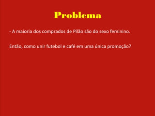 Problema
- A maioria dos comprados de Pilão são do sexo feminino.
Então, como unir futebol e café em uma única promoção?
 