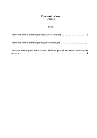 Генетичні зв’язки
Оксиди
Зміст.
Здійснити хімічні перетворення (кислотні оксиди)…………………………….2
Здійснити хімічні перетворен...