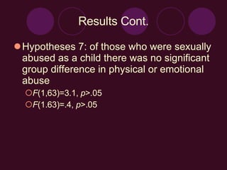 Results Cont. Hypotheses 7: of those who were sexually abused as a child there was no significant group difference in physical or emotional abuse  F (1,63)=3.1,  p >.05 F (1.63)=.4,  p >.05 