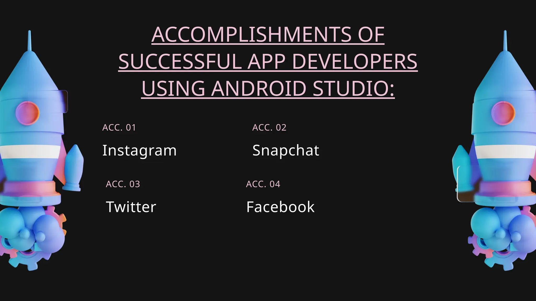 ACCOMPLISHMENTS OF
SUCCESSFUL APP DEVELOPERS
USING ANDROID STUDIO:
Instagram
ACC. 01
Snapchat
ACC. 02
Facebook
ACC. 04
Twitter
ACC. 03
 