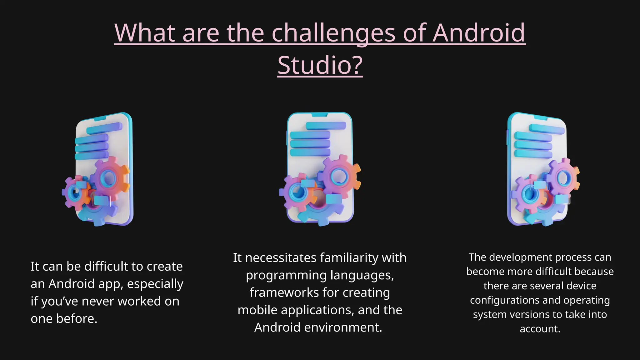 What are the challenges of Android
Studio?
It can be difficult to create
an Android app, especially
if you’ve never worked on
one before.
It necessitates familiarity with
programming languages,
frameworks for creating
mobile applications, and the
Android environment.
The development process can
become more difficult because
there are several device
configurations and operating
system versions to take into
account.
 