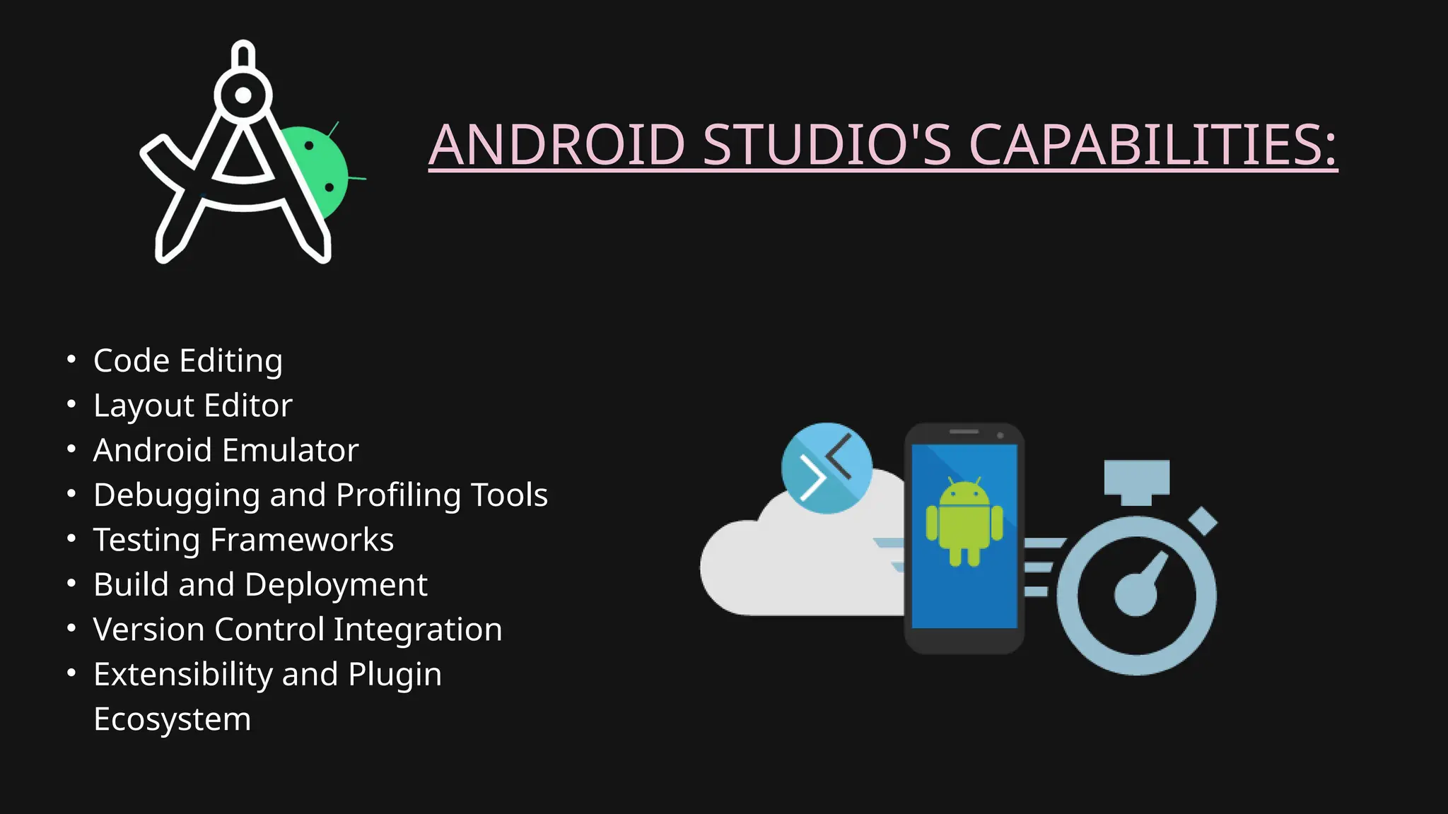 ANDROID STUDIO'S CAPABILITIES:
• Code Editing
• Layout Editor
• Android Emulator
• Debugging and Profiling Tools
• Testing Frameworks
• Build and Deployment
• Version Control Integration
• Extensibility and Plugin
Ecosystem
 