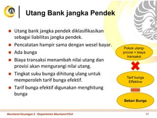Utang Bank jangka Pendek
 Utang bank jangka pendek diklasifikasikan
sebagai liabilitas jangka pendek.
 Pencatatan hampir sama dengan wesel bayar.
 Ada bunga
 Biaya transaksi menambah nilai utang dan
provisi akan mengurangi nilai utang.
 Tingkat suku bunga dihitung ulang untuk
memperoleh tarif bunga efektif.
 Tarif bunga efektif digunakan menghitung
bunga
Akuntansi Keuangan 2 - Departemen Akuntansi FEUI 14
Pokok utang-
provisi + biaya
transaksi
Tarif bunga
Effektive
Beban Bunga
 