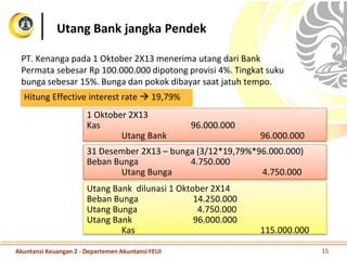 Utang Bank jangka Pendek
PT. Kenanga pada 1 Oktober 2X13 menerima utang dari Bank
Permata sebesar Rp 100.000.000 dipotong provisi 4%. Tingkat suku
bunga sebesar 15%. Bunga dan pokok dibayar saat jatuh tempo.
Akuntansi Keuangan 2 - Departemen Akuntansi FEUI 15
1 Oktober 2X13
Kas 96.000.000
Utang Bank 96.000.000
31 Desember 2X13 – bunga (3/12*19,79%*96.000.000)
Beban Bunga 4.750.000
Utang Bunga 4.750.000
Utang Bank dilunasi 1 Oktober 2X14
Beban Bunga 14.250.000
Utang Bunga 4.750.000
Utang Bank 96.000.000
Kas 115.000.000
Hitung Effective interest rate  19,79%
 