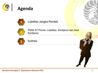 Agenda
Liabilitas Jangka Pendek1
PSAK 57 Provisi. Liabilitas Kontijensi dan Aset
Kontijensi2
Ilustrasi3
Akuntansi Keuangan 2 - Departemen Akuntansi FEUI 2
 