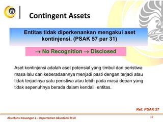 Entitas tidak diperkenankan mengakui aset
kontinjensi. (PSAK 57 par 31)
Contingent Assets
 No Recognition  Disclosed
Aset kontinjensi adalah aset potensial yang timbul dari peristiwa
masa lalu dan keberadaannya menjadi pasti dengan terjadi atau
tidak terjadinya satu peristiwa atau lebih pada masa depan yang
tidak sepenuhnya berada dalam kendali entitas.
32Akuntansi Keuangan 2 - Departemen Akuntansi FEUI
Ref. PSAK 57
 