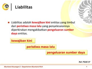 Liabilitas adalah kewajiban kini entitas yang timbul
dari peristiwa masa lalu yang penyelesaiannya
diperkirakan mengakibatkan pengeluaran sumber
daya entitas.
Liabilitas
Ref. PSAK 57
kewajiban kini
peristiwa masa lalu
pengeluaran sumber daya
Akuntansi Keuangan 2 - Departemen Akuntansi FEUI 4
 