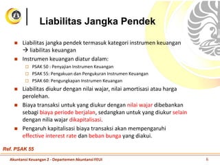 Liabilitas Jangka Pendek
 Liabilitas jangka pendek termasuk kategori instrumen keuangan
 liabilitas keuangan
 Instrumen keuangan diatur dalam:
 PSAK 50 : Penyajian Instrumen Keuangan
 PSAK 55: Pengakuan dan Pengukuran Instrumen Keuangan
 PSAK 60: Pengungkapan Instrumen Keuangan
 Liabilitas diukur dengan nilai wajar, nilai amortisasi atau harga
perolehan.
 Biaya transaksi untuk yang diukur dengan nilai wajar dibebankan
sebagi biaya periode berjalan, sedangkan untuk yang diukur selain
dengan nilia wajar dikapitalisasi.
 Pengaruh kapitalisasi biaya transaksi akan mempengaruhi
effective interest rate dan beban bunga yang diakui.
Ref. PSAK 55
Akuntansi Keuangan 2 - Departemen Akuntansi FEUI 6
 