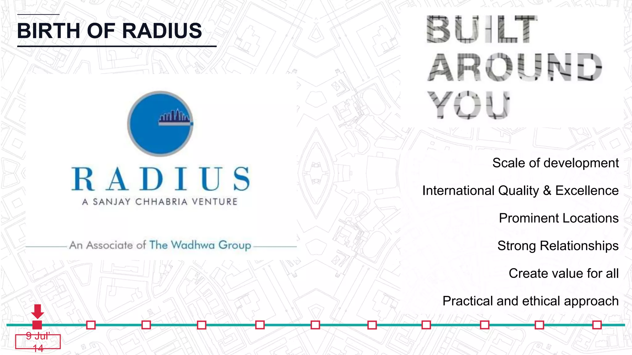 BIRTH OF RADIUS
Scale of development
International Quality & Excellence
Prominent Locations
Strong Relationships
Create value for all
Practical and ethical approach
9 Jul’
14
 