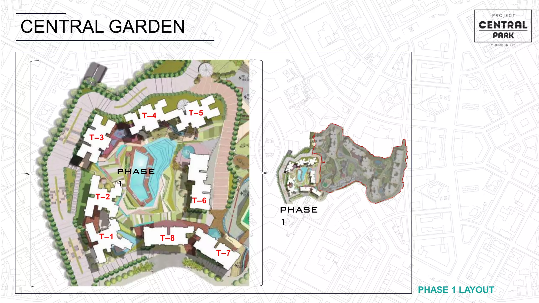 CENTRAL GARDEN
PHASE
1
PHASE
1
PHASE 1 LAYOUT
T–1
T–2
T–3
T–4 T–5
T–6
T–7
T–8
 