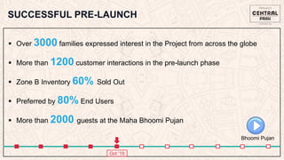 SUCCESSFUL PRE-LAUNCH
 Over 3000 families expressed interest in the Project from across the globe
 More than 1200 customer interactions in the pre-launch phase
 Zone B Inventory 60% Sold Out
 Preferred by 80% End Users
 More than 2000 guests at the Maha Bhoomi Pujan
Bhoomi Pujan
Oct ‘15
 