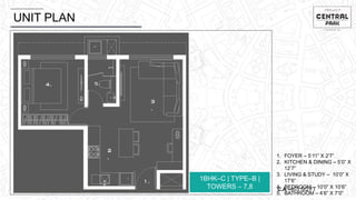 UNIT PLAN
1BHK–C | TYPE–B |
TOWERS – 7,8
1.
2
.
4. 5.
3
.
1. FOYER – 5’11” X 2’7”
2. KITCHEN & DINING – 5’0” X
12’7”
3. LIVING & STUDY – 10’0” X
17’6”
4. BEDROOM – 10’0” X 10’6”
5. BATHROOM – 4’6” X 7’0”
C.A –403 SQ.FT
 