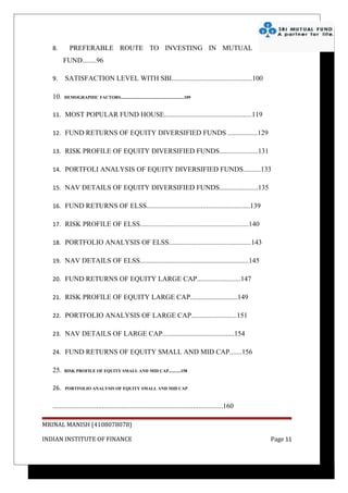 8.       PREFERABLE ROUTE TO INVESTING IN MUTUAL
         FUND........96

   9.    SATISFACTION LEVEL WITH SBI..............................................100

   10.   DEMOGRAPHIC FACTORS..........................................................109



   11. MOST POPULAR FUND HOUSE..................................................119

   12. FUND RETURNS OF EQUITY DIVERSIFIED FUNDS .................129

   13. RISK PROFILE OF EQUITY DIVERSIFIED FUNDS......................131

   14. PORTFOLI ANALYSIS OF EQUITY DIVERSIFIED FUNDS..........133

   15. NAV DETAILS OF EQUITY DIVERSIFIED FUNDS......................135

   16. FUND RETURNS OF ELSS...........................................................139

   17. RISK PROFILE OF ELSS..............................................................140

   18. PORTFOLIO ANALYSIS OF ELSS...............................................143

   19. NAV DETAILS OF ELSS..............................................................145

   20. FUND RETURNS OF EQUITY LARGE CAP.........................147

   21. RISK PROFILE OF EQUITY LARGE CAP...........................149

   22. PORTFOLIO ANALYSIS OF LARGE CAP..........................151

   23. NAV DETAILS OF LARGE CAP.........................................154

   24. FUND RETURNS OF EQUITY SMALL AND MID CAP.......156

   25.   RISK PROFILE OF EQUITY SMALL AND MID CAP...........158



   26.   PORTFOLIO ANALYSIS OF EQUITY SMALL AND MID CAP



   .................................................................................................160

MRINAL MANISH (4108078078)

INDIAN INSTITUTE OF FINANCE                                                                               Page 11
 