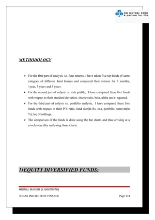 METHODOLOGY


    For the first part of analysis i.e. fund returns, I have taken five top funds of same
      category of different fund houses and compared their returns for 6 months,
      1year, 3 years and 5 years.
    For the second part of anlysis i.e. risk profile, I have compared these five funds
      with respect to their standard deviation, sharpe ratio, beta, alpha and r- squared.
    For the third part of anlysis i.e. portfolio analysis, I have compared these five
      funds with respect to their P/E ratio, fund size(in Rs. cr.), portfolio turnover(in
      %), top 5 holdings.
    The comparison of the funds is done using the bar charts and thus arriving at a
      conclusion after analyzing those charts.




1)EQUITY DIVERSIFIED FUNDS:


MRINAL MANISH (4108078078)

INDIAN INSTITUTE OF FINANCE                                                      Page 133
 