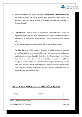•    As usual funds from SBI brands have largest Assets under Management (in cr.)
        this shows the Brand SBI has no problem when it comes to raising funds. Like
        Magnum Contra has second highest AUM in the category only preceded by
        Reliance Growth.




   •    Concentration Level: As shown in above table, Magnum Equity is having 2 nd
        highest holdings in top five stock, which means the fund is concentrated towards
        major stocks in the portfolio. While Magnum Contra is quite diversified fund as
        it is
        having second lowest concentration level only next to Reliance Growth.


   •    Portfolio Turnover which measures the extent to which the fund is active in
        terms of its dealings in the markets. However, high turnover also implies that
        high transaction cost are charged to fund. Since Sbi Magnum Equity of the funds
        from SBI have very low turnover, it means that funds were not required to be
        changed in recent period which ultimately results in greater efficiency. On the
        other hand Reliance Growth is having highest Portfolio Turnover which means
        Fund Manager is churning the portfolio very quickly which in turn increasing the
        transaction cost charged to the fund.




   NAV DETAILS OF FUNDS AS ON 29TH MAY,2009


       FUND                                     NAV



MRINAL MANISH (4108078078)

INDIAN INSTITUTE OF FINANCE                                                      Page 141
 