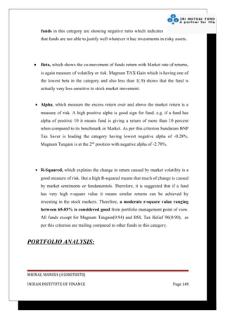 funds in this category are showing negative ratio which indicates
       that funds are not able to justify well whatever it hac investments in risky assets.




   •   Beta, which shows the co-movement of funds return with Market rate of returns,
       is again measure of volatility or risk. Magnum TAX Gain which is having one of
       the lowest beta in the category and also less than 1(.9) shows that the fund is
       actually very less sensitive to stock market movement.


   • Alpha, which measure the excess return over and above the market return is a
       measure of risk. A high positive alpha is good sign for fund. e.g. if a fund has
       alpha of positive 10 it means fund is giving a return of more than 10 percent
       when compared to its benchmark or Market. As per this criterion Sundaram BNP
       Tax Saver is leading the category having lowest negative alpha of -0.28%.
       Magnum Taxgain is at the 2nd position with negative alpha of -2.78%.




   • R-Squared, which explains the change in return caused by market volatility is a
       good measure of risk. But a high R-squared means that much of change is caused
       by market sentiments or fundamentals. Therefore, it is suggested that if a fund
       has very high r-square value it means similar returns can be achieved by
       investing in the stock markets. Therefore, a moderate r-square value ranging
       between 65-85% is considered good from portfolio management point of view.
       All funds except for Magnum Taxgain(0.94) and BSL Tax Relief 96(0.90), as
       per this criterion are trailing compared to other funds in this category.


PORTFOLIO ANALYSIS:




MRINAL MANISH (4108078078)

INDIAN INSTITUTE OF FINANCE                                                        Page 149
 