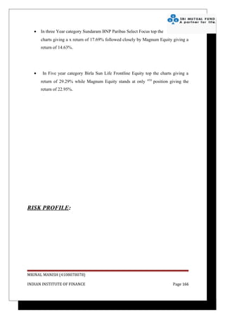 •   In three Year category Sundaram BNP Paribas Select Focus top the
       charts giving a x return of 17.69% followed closely by Magnum Equity giving a
       return of 14.63%.




   •   In Five year category Birla Sun Life Frontline Equity top the charts giving a
                                                              4TH
       return of 29.29% while Magnum Equity stands at only          position giving the
       return of 22.95%.




RISK PROFILE:




MRINAL MANISH (4108078078)

INDIAN INSTITUTE OF FINANCE                                                   Page 166
 