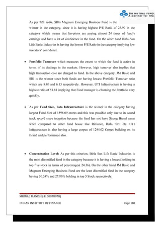 As per P/E ratio, SBIs Magnum Emerging Business Fund is the
       winner in the category, since it is having highest P/E Ratio of 23.90 in the
       category which means that Investors are paying almost 24 times of fund’s
       earnings and have a lot of confidence in the fund. On the other hand Birla Sun
       Life Basic Industries is having the lowest P/E Ratio in the category implying low
       investors’ confidence.


   •   Portfolio Turnover which measures the extent to which the fund is active in
       terms of its dealings in the markets. However, high turnover also implies that
       high transaction cost are charged to fund. In the above category, JM Basic and
       SBI is the winner since both funds are having lowest Portfolio Turnover ratio
       which are 8.80 and 6.13 respectively. However, UTI Infrastructure is having a
       highest ratio of 51.81 implying that Fund manager is churning the Portfolio very
       quickly.


   •   As per Fund Size, Tata Infrastructure is the winner in the category having
       largest Fund Size of 1598.09 crores and this was possible only due to its sound
       track record since inception because the fund has not have Strong Brand name
       when compared to other fund house like Reliance, Birla, SBI etc. UTI
       Infrastructure is also having a large corpus of 1294.02 Crores building on its
       Brand and performance also.




   •   Concentration Level: As per this criterion, Birla Sun Life Basic Industries is
       the most diversified fund in the category because it is having a lowest holding in
       top five stock in terms of percentages( 24.36). On the other hand JM Basic and
       Magnum Emerging Business Fund are the least diversified fund in the category
       having 30.24% and 27.86% holding in top 5 Stock respectively.




MRINAL MANISH (4108078078)

INDIAN INSTITUTE OF FINANCE                                                     Page 180
 