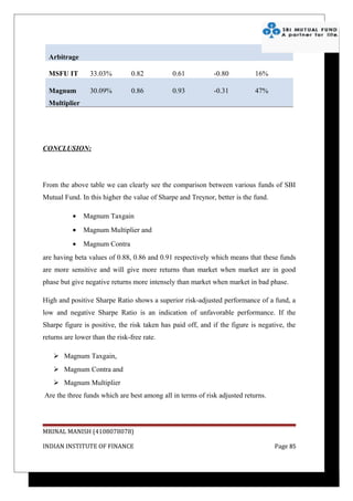 Arbitrage

  MSFU IT        33.03%         0.82          0.61          -0.80          16%

  Magnum         30.09%         0.86          0.93          -0.31          47%
  Multiplier




CONCLUSION:




From the above table we can clearly see the comparison between various funds of SBI
Mutual Fund. In this higher the value of Sharpe and Treynor, better is the fund.

           •   Magnum Taxgain
           •   Magnum Multiplier and
           •   Magnum Contra
are having beta values of 0.88, 0.86 and 0.91 respectively which means that these funds
are more sensitive and will give more returns than market when market are in good
phase but give negative returns more intensely than market when market in bad phase.

High and positive Sharpe Ratio shows a superior risk-adjusted performance of a fund, a
low and negative Sharpe Ratio is an indication of unfavorable performance. If the
Sharpe figure is positive, the risk taken has paid off, and if the figure is negative, the
returns are lower than the risk-free rate.

    Magnum Taxgain,
    Magnum Contra and
    Magnum Multiplier
Are the three funds which are best among all in terms of risk adjusted returns.




MRINAL MANISH (4108078078)

INDIAN INSTITUTE OF FINANCE                                                        Page 85
 