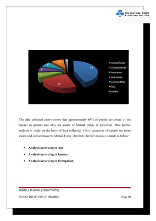 The data collected above shows that approximately 65% of people are aware of the
market in general and 44% are aware of Mutual Funds in particular. Thus further
analysis is made on the basis of data collected; which categories of people are more
aware and inclined towards Mutual Fund. Therefore, further analysis is made as below:


   •   Analysis according to Age

   •   Analysis according to Income

   •   Analysis according to Occupation




MRINAL MANISH (4108078078)

INDIAN INSTITUTE OF FINANCE                                                    Page 90
 