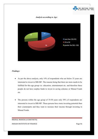 Analysis according to Age:




Findings:


   •   As per the above analysis, only 14% of respondents who are below 35 years are
       interested to invest in SBI-MF. The reasons being that there are more needs to be
       fulfilled for this age group viz. education, entertainment etc. and therefore these
       people do not have surplus funds to invest in saving schemes or Mutual Funds
       etc.


   •   The persons within the age group of 35-50 years only 58% of respondents are
       interested to invest in SBI-MF. These persons have more investing potential than
       their counterparts and they want to increase their income through investing in
       Mutual Funds.



MRINAL MANISH (4108078078)

INDIAN INSTITUTE OF FINANCE                                                       Page 91
 