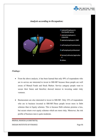 Analysis according to Occupation:




Findings:


   •   From the above analysis, it has been learned that only 49% of respondents who
       are in service are interested to invest in SBI-MF because these people are well
       aware of Mutual Funds and Stock Market. Service category people want to
       secure their future and therefore showed interest in investing under risky
       ventures.


   •   Businessmen are also interested to invest in SBI-MF. Only 32% of respondents
       who are in business invested in SBI-MF.These people invest more in Debt
       schemes than in Equity schemes. This is because Debt schemes promise a less,
       but secure return over equity schemes which are more risky. Moreover, the risk
       profile of business men is quite moderate.


MRINAL MANISH (4108078078)

INDIAN INSTITUTE OF FINANCE                                                   Page 93
 
