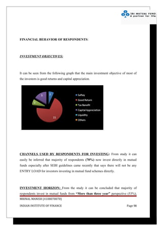 FINANCIAL BEHAVIOR OF RESPONDENTS:




INVESTMENT OBJECTIVES:




It can be seen from the following graph that the main investment objective of most of
the investors is good returns and capital appreciation.




.




CHANNELS USED BY RESPONDENTS FOR INVESTING: From study it can
easily be inferred that majority of respondents (70%) now invest directly in mutual
funds especially after SEBI guidelines came recently that says there will not be any
ENTRY LOAD for investors investing in mutual fund schemes directly.




INVESTMENT HORIZON: From the study it can be concluded that majority of
respondents invest in mutual funds from “More than three year” perspective (53%),
MRINAL MANISH (4108078078)

INDIAN INSTITUTE OF FINANCE                                                  Page 98
 