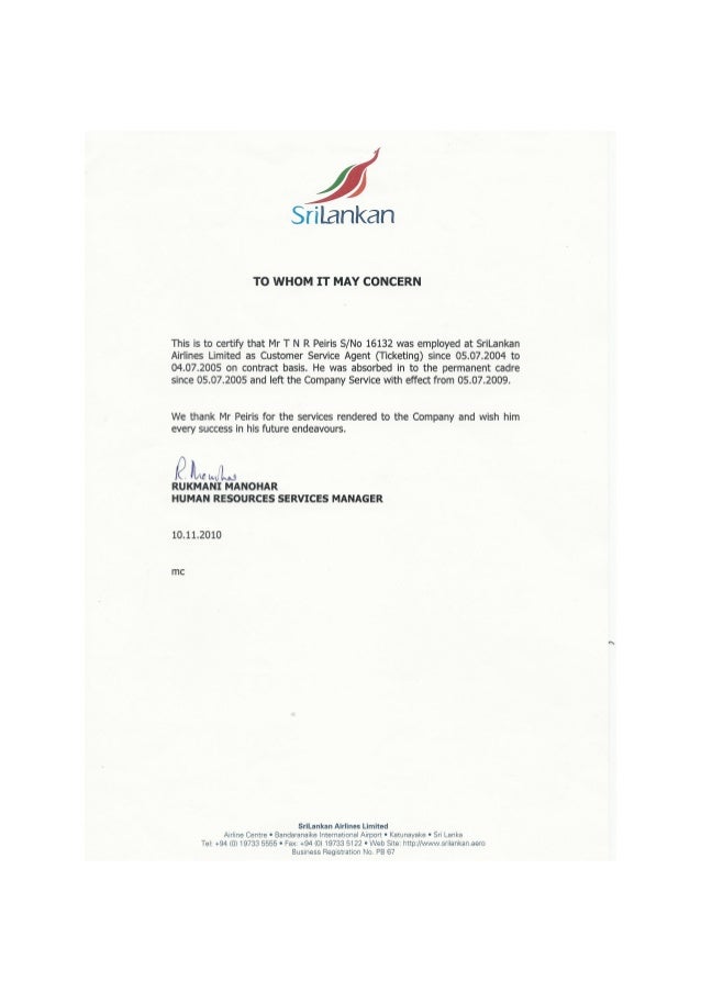 Srilankan Service letter