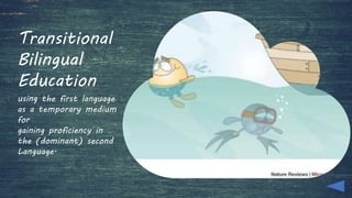 Transitional
Bilingual
Education
using the first language
as a temporary medium
for
gaining proficiency in
the (dominant) second
Language.
 